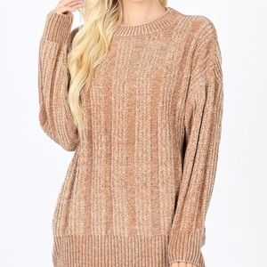 New Cable Knit Round Neck Chenille Sweater Mocha